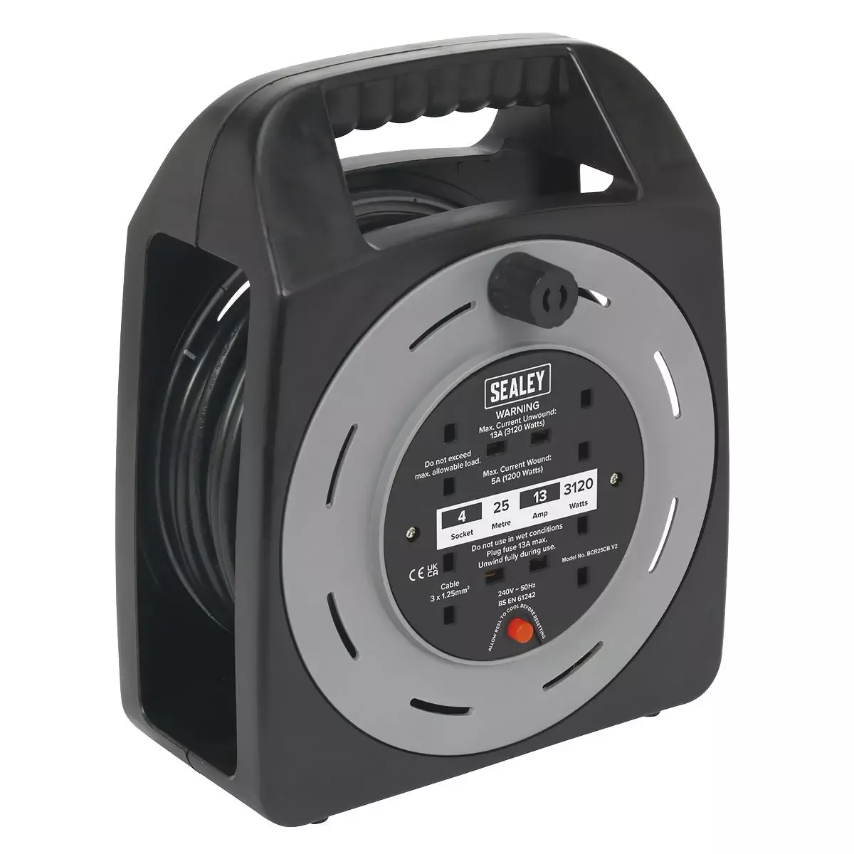 Sealey Cable Reel Box Type 25m 4 x 230V 1.25mm² Thermal Trip