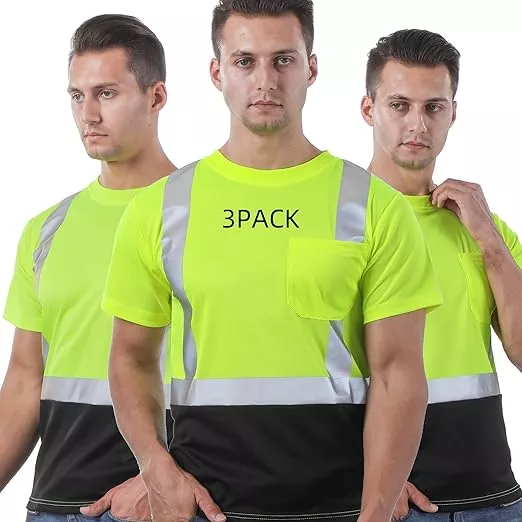 sesafety 3PACK High Visibility Shirts for Men, Class 3 Hi Vis Reflective Construction Shirts for Men with Pocket Safety T Shirts