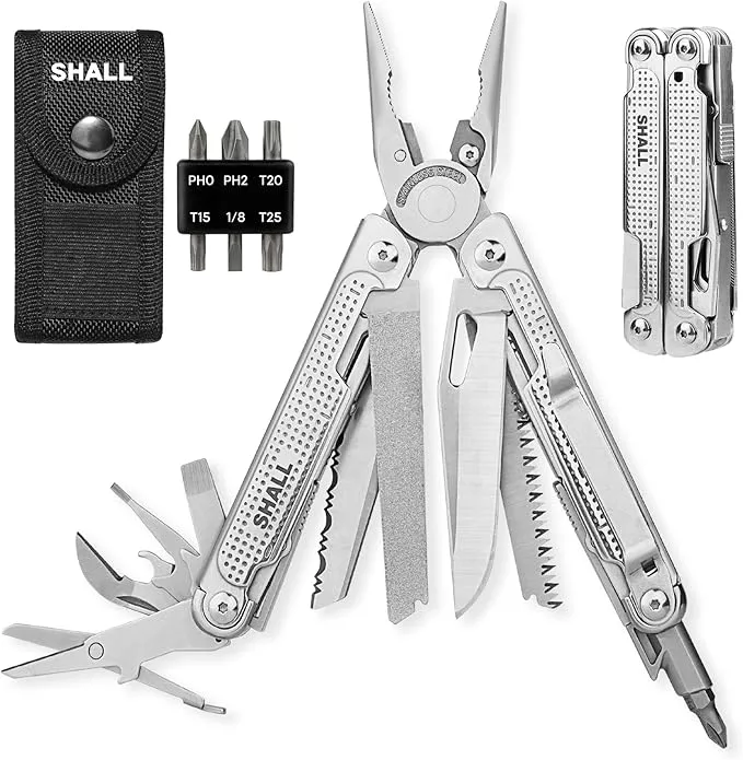 SHALL Multi Tool, 18-in-1 Multitool Pliers, Stainless Steel Multi-tool Pocket Knife w/Screwdriver Bit & Universal Socket, Self-locking Multipurpose Tool w/Sheath for Camping Fishing Survival Hunting