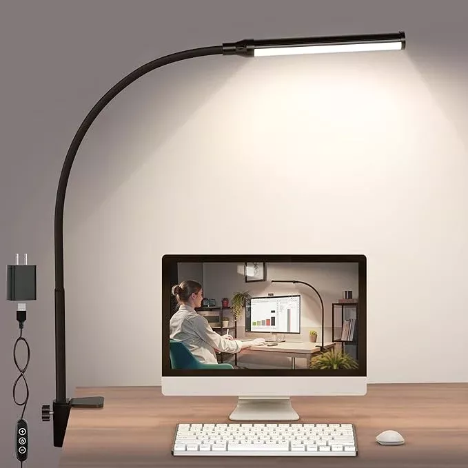 ShineTech LED Desk lamp with Clamp, 4000K Natural White 11 Brightness Level Eye-Caring Clip Lights for Home Office, Flexible Gooseneck USB Adapter, Black