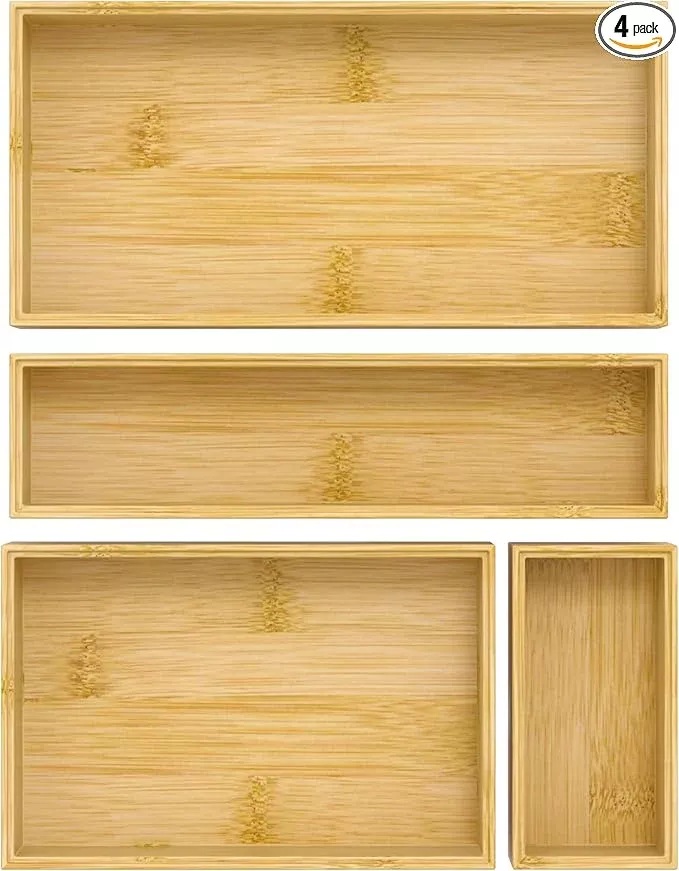 Silverware Bamboo Drawer Organizer Tray, 4 PCS Kitchen Drawer Organizer Storage for Utensil Cutlery, Bathroom, Office Desk, Makeup