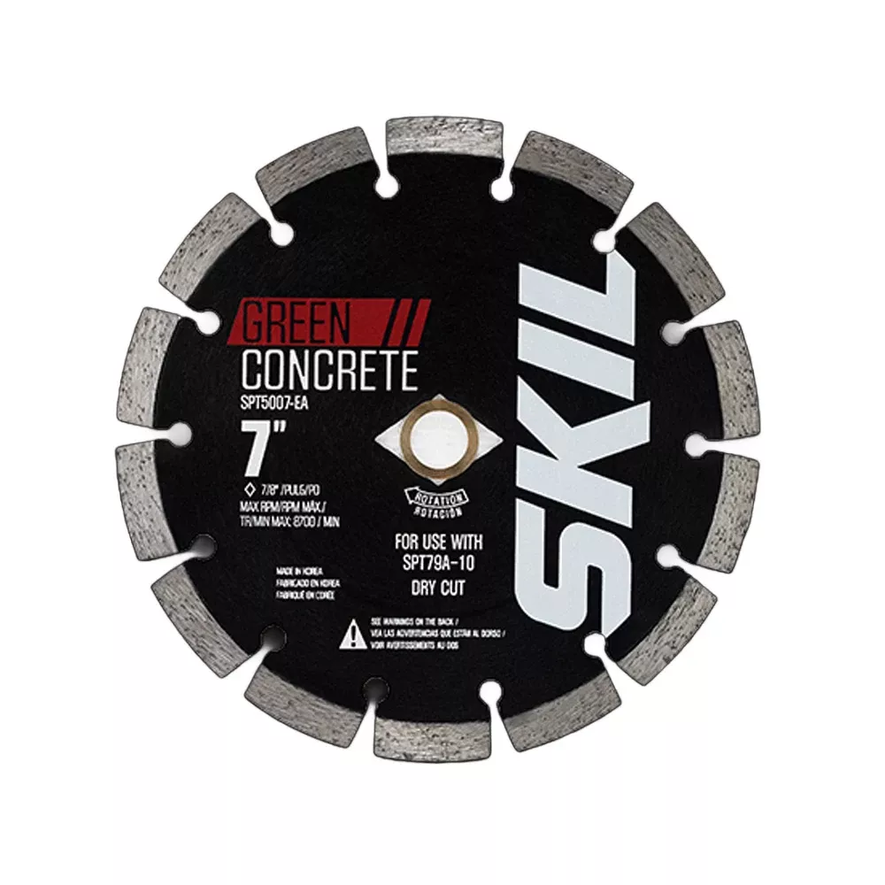 Skil Stainless Steel Compression Skid Plate with Anti-spalling Slot, 7" Segmented Green Cutting Concrete Blade (Medium Hardness) SPT5008-EA