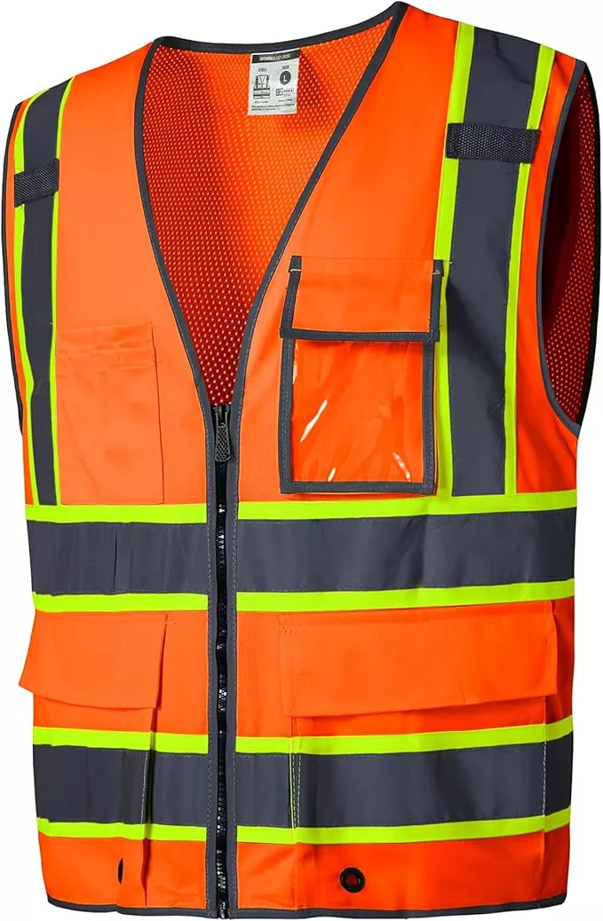 SKSAFETY 10 Pockets Safety Vest, Class 2 High Visibility Security with Zipper Back Mesh, Hi Vis Vest with Reflective Strips, ANSI/ISEA Standard, Construction Work Vest for Men ＆ Women （Orange, 5XL）