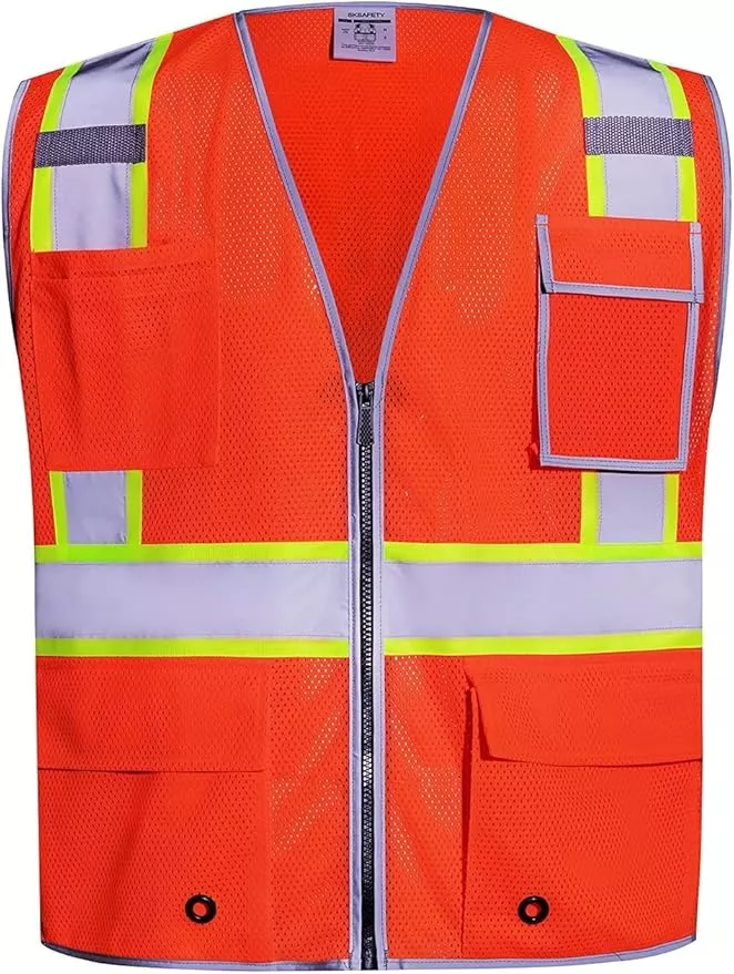 SKSAFETY 10 Pockets Safety Vest, Class 2 High Visibility Security with Zipper Double-sided mesh, Hi Vis Vest with Reflective Strips, ANSI/ISEA Standard, Construction Work Vest （Lime, L）