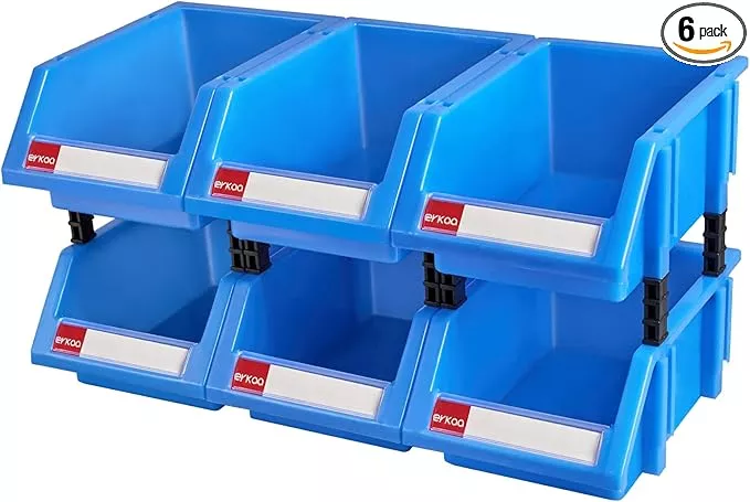 Small parts organizer hardware storage bins tool organizer plastic stackable storage bins for screws,bolts,drivers(Blue,Pack of 6)