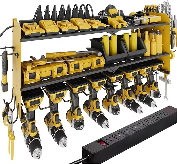 Suchtale Power Tool Organizer with Charging Station,33.2" Garage 8 Drill Holders Wall Mount,3 Layers Heavy Duty Metal Tool Shelf with 8 Outlets Power Strip, Gift for Men, Father, Yellow