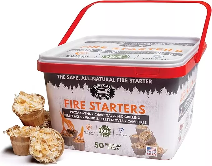 Superior Trading Fire Starter Pods in Plastic Bucket - Fire Starters for Campfires, BBQ, Grill, Pit, Wood Stove & Charcoal Starter, 15-20-Min Burn, 50 Extra Large Pods, USA Made, Brown, 3 Lbs
