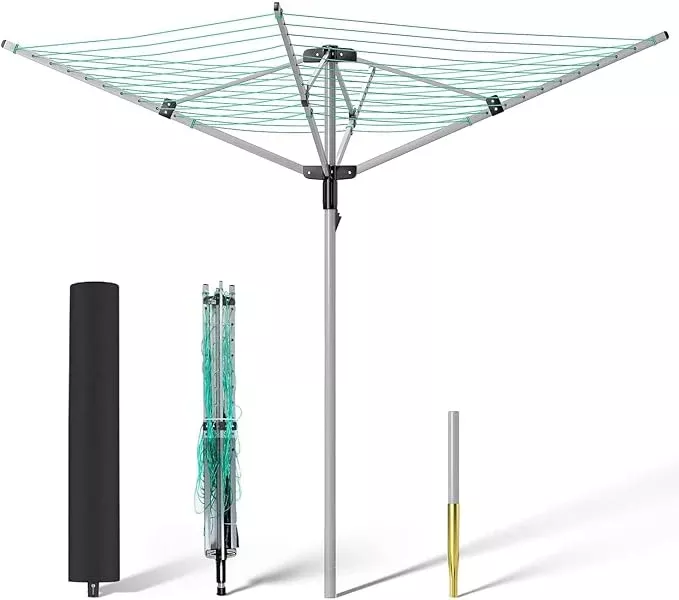 tonchean Rotary Umbrella Drying Rack Outdoors, 4-arm Umbrella Clothesline for Laundry, Adjustable Height Rotary Dryer Collapsible Clothes Drying Rack | 12-Lines with 165 ft. Clothesline