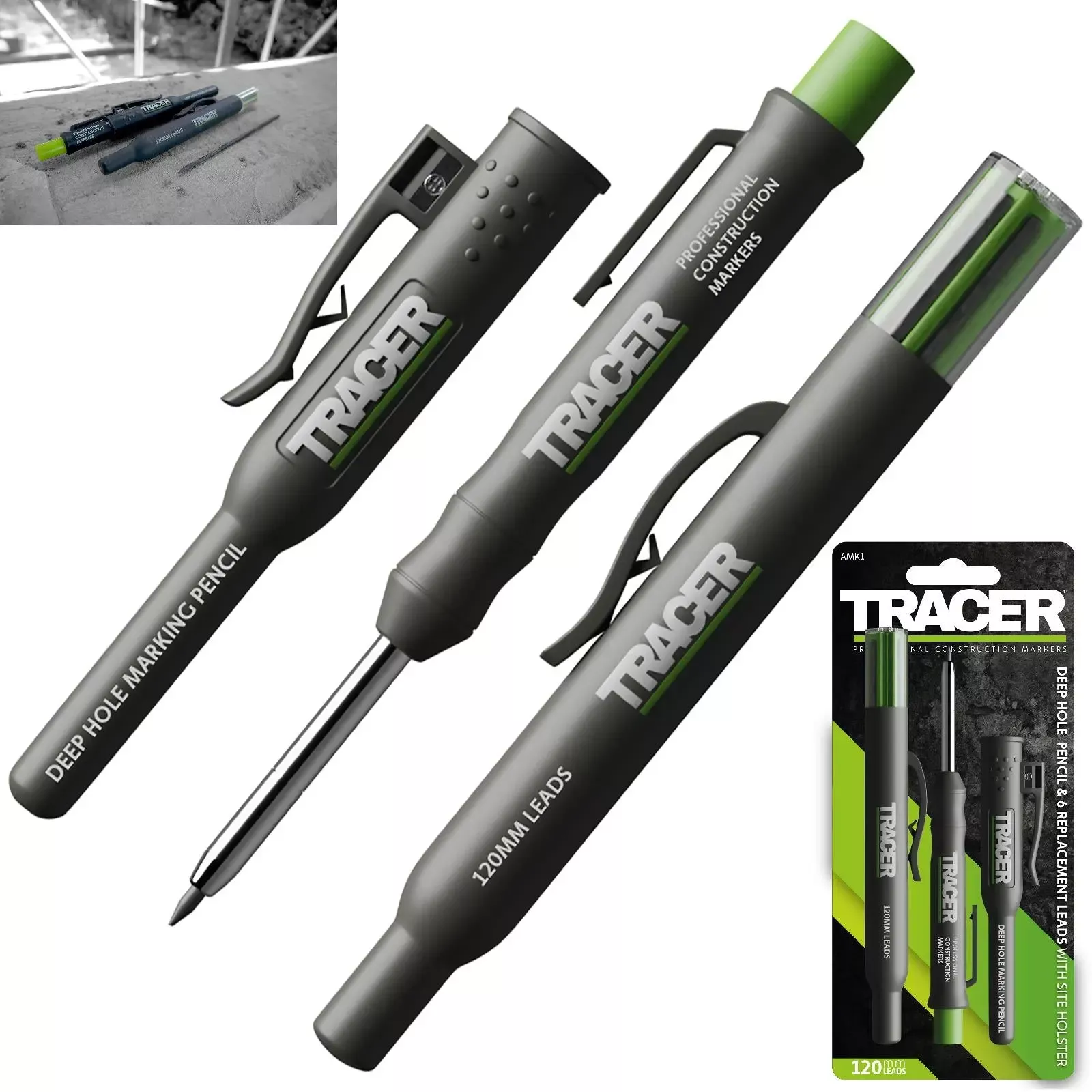 TRACER Deep Hole Pencil Marker with ALH1 6 Replacement Leads with Site Holster
