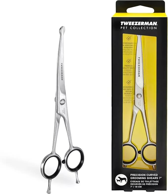 Tweezerman 7" Pet Grooming Scissors with Safety Round Tips, Professional Curved Grooming Shears for Dogs and Cats