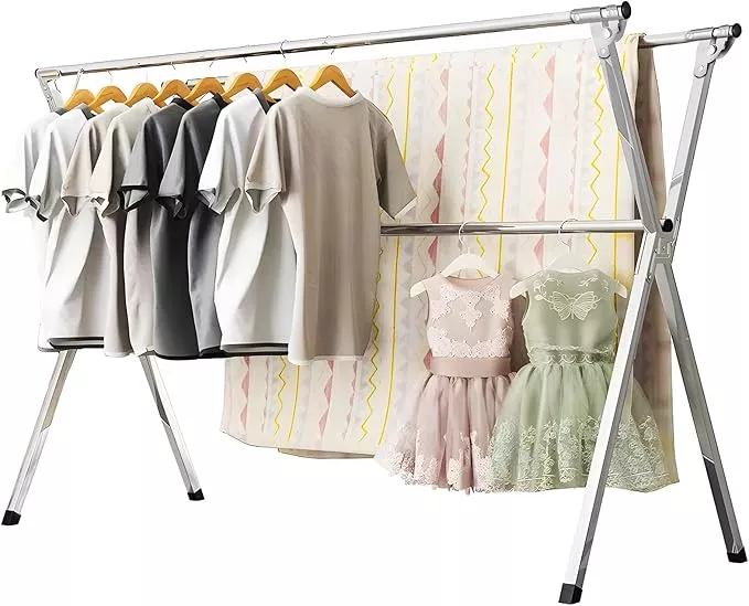 URYAN 79 Inches Stainless Steel Clothes Drying Rack, Heavy Duty Laundry Drying Rack Folding Indoor Outdoor, Portable Drying Rack Clothing, Free-Standing Laundry Stand with 20 Windproof Hooks