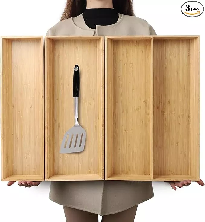 V-Shaped Bamboo Drawer Organizer Set of 3, Kitchen Large and Long Utensil Plate, Flatware & Silverware Storage Box, Wood Drawer Organizer for Bedroom, Living Room (19.6"x5.7" & 7.8" & 12.4")