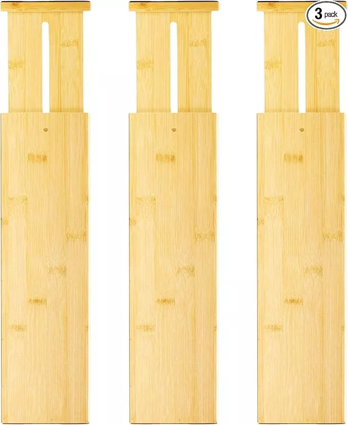 VaeFae 3 Pack Bamboo Drawer Dividers, 4" High Adjustable 16.6" - 21.8" Clothes Drawer Organizers, Expandable Separators for Bedroom/Bathroom/Kitchen/Office Storage