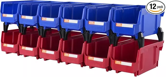 VEVOR Plastic Stackable Storage Bins 12 Pack (11 x 5 x 5-Inch), Hanging Storage Organizer Bins, Heavy Duty Stacking Containers for Closet, Garage, Office, Home, Pantry or Small Parts Organization