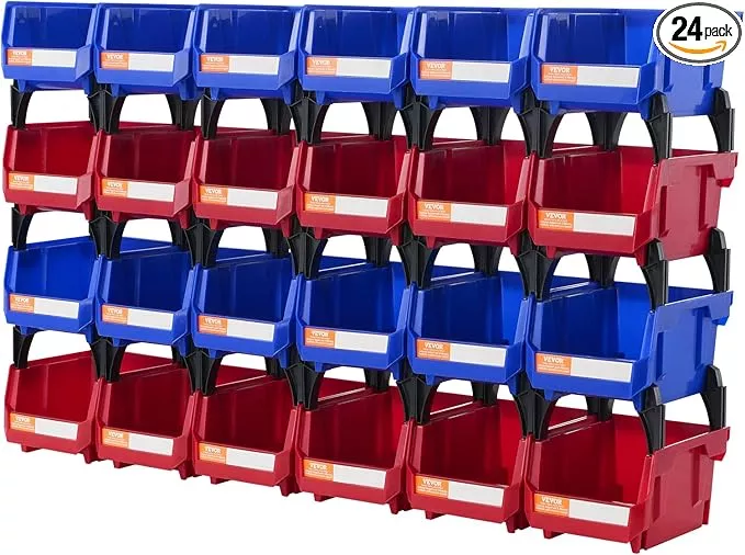 VEVOR Plastic Stackable Storage Bins 24 Pack (5 x 4 x 3-Inch), Hanging Stackable Storage Organizer Bins, Heavy Duty Stacking Containers for Closet, Garage, Office, or Small Parts Organization