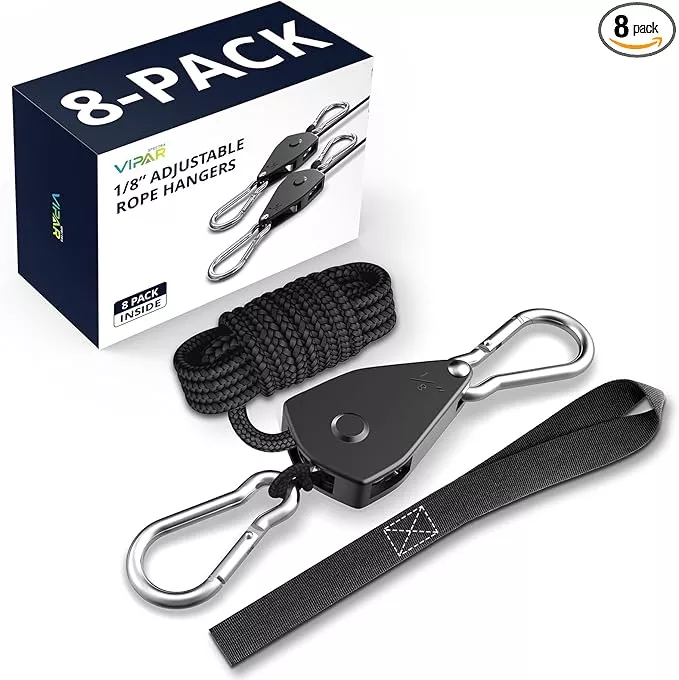 VIPARSPECTRA Retractable Heavy Duty Ratchet Tie Down Straps [8 Pack, 8ft, 75lbs/Pack], Rope Pulley System with Carabiner Hook Rope Adjuster for Hanging Plants/Grow Light/Tents Various Tie-Down Uses
