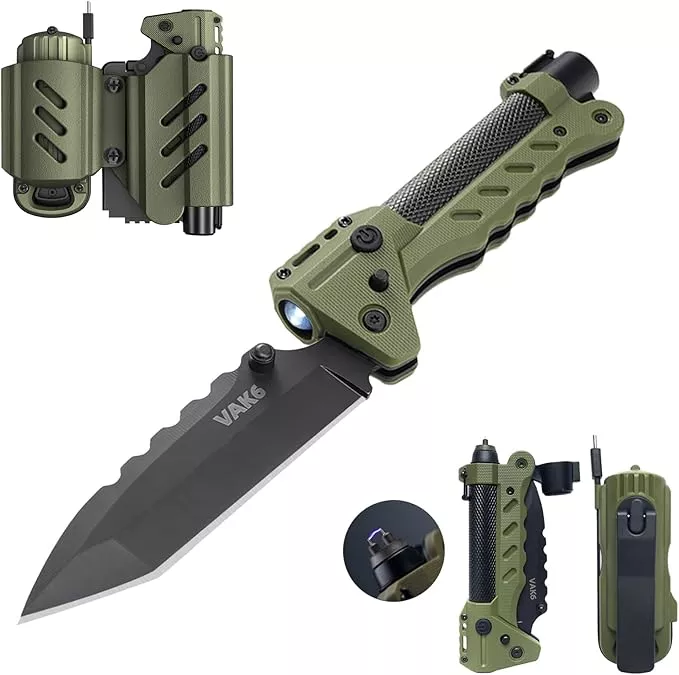 VIPERADE VAK6 Survival Multitool with Folding Knife, LED Flashlight, Pulse Ignition and Hand Crank Generator, Camping Multitool Knife Rechargeable Flashlight with Belt Sheath (Green)