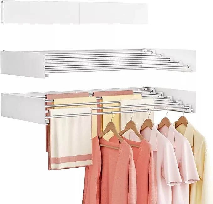 Wall Mounted Clothes Drying Rack Folding Indoor, Foldable Laundry Drying Rack Collapsible,Invisible, Space Saving, Retractable Towel Drying Rack, with Wall Template(6 Drying Rods, Black 40")