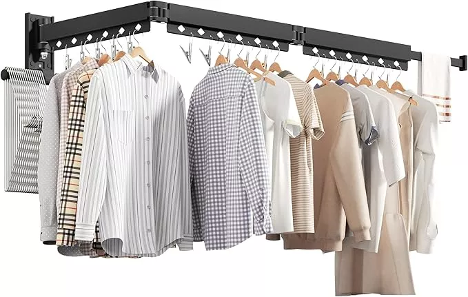 Wall Mounted Clothes Hanger, Aluminum Clothes Drying Rack, Space Saver, Retractable, Windproof Holes, with Clips