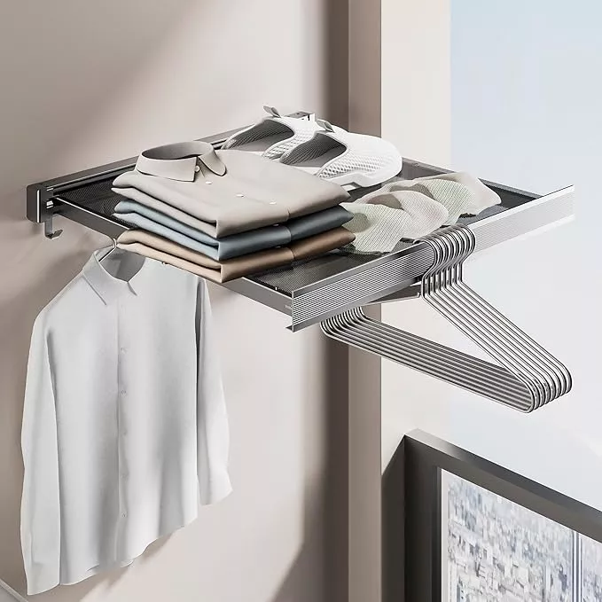 Wall Mounted Drying Rack with Net - Laundry Drying Rack for Shoes, Socks, Underwear - Folding, Retractable, Collapsible