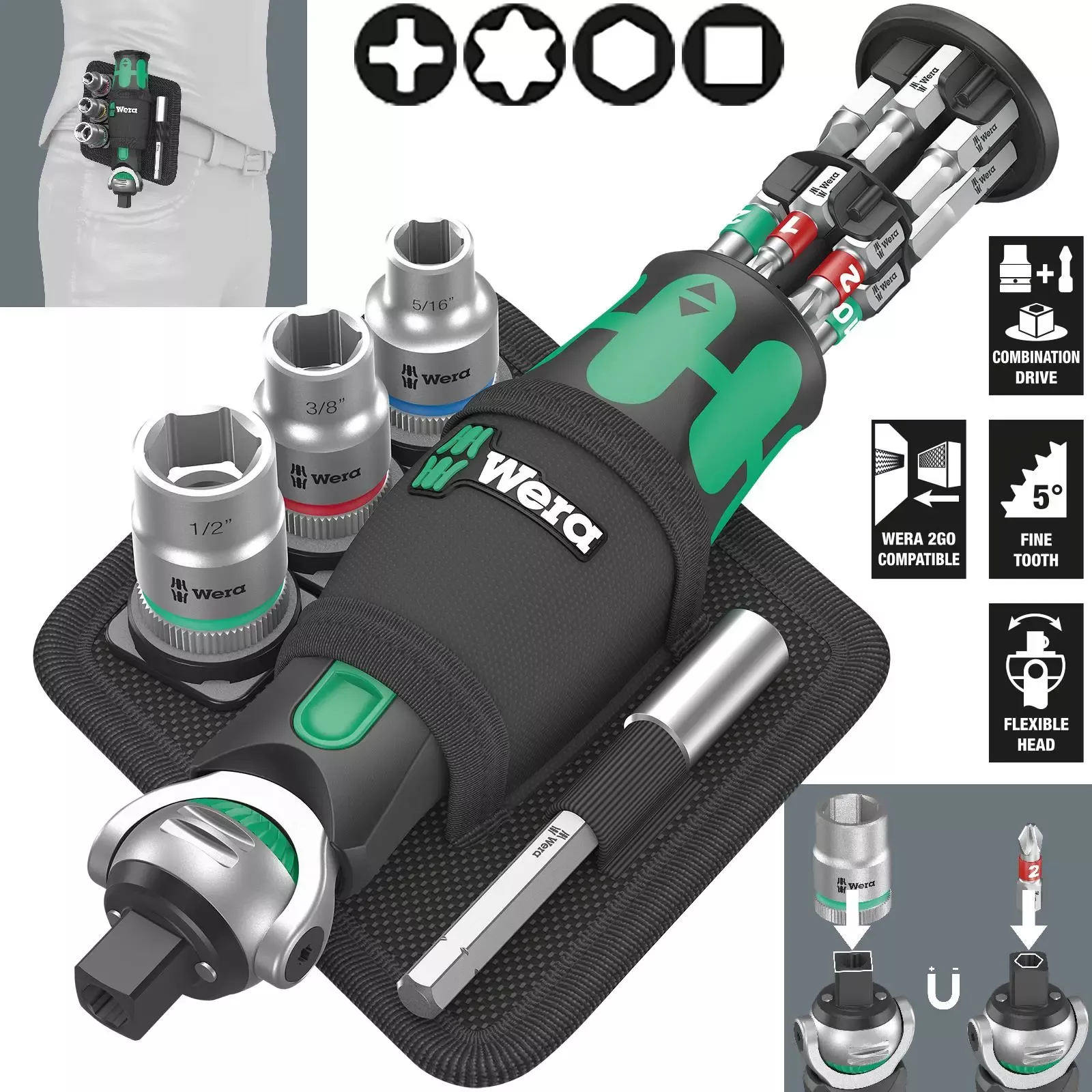 Wera Compact Screwdriver Socket Wrench Zyklop Pocket Imperial Set 2 18 Pieces 8009 3/8" Drive 1/4" Hex