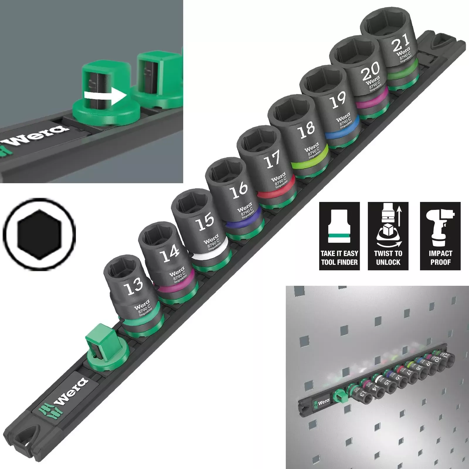 Wera Impact Socket Set 1/2" Drive on Magnetic Socket Rail C Impaktor 1 Zyklop 9 Pieces Metric 13-21mm