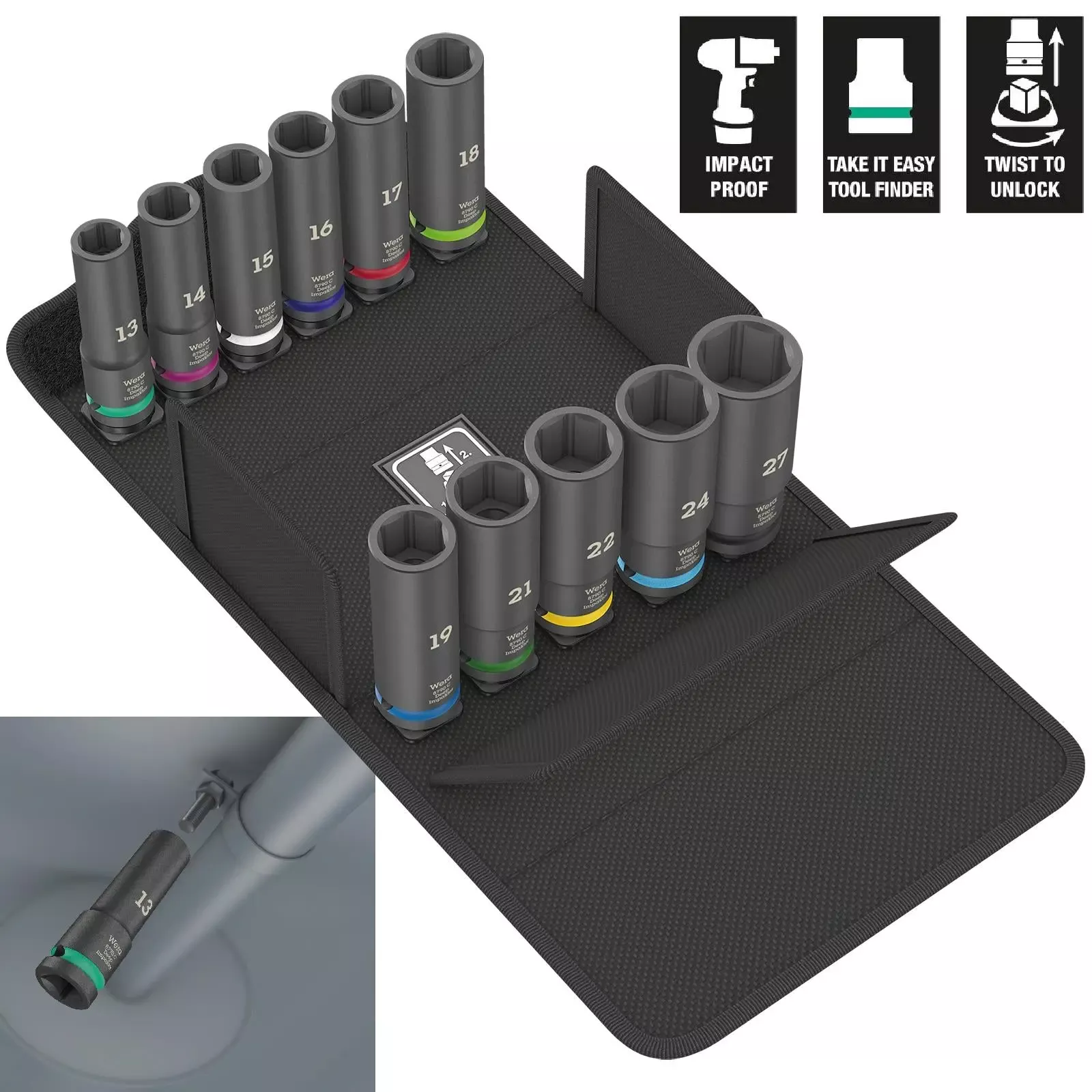 Wera Impact Socket Set Deep Impaktor 1/2" Drive in Case 8790 C Set 1 11 Pieces 13-27mm