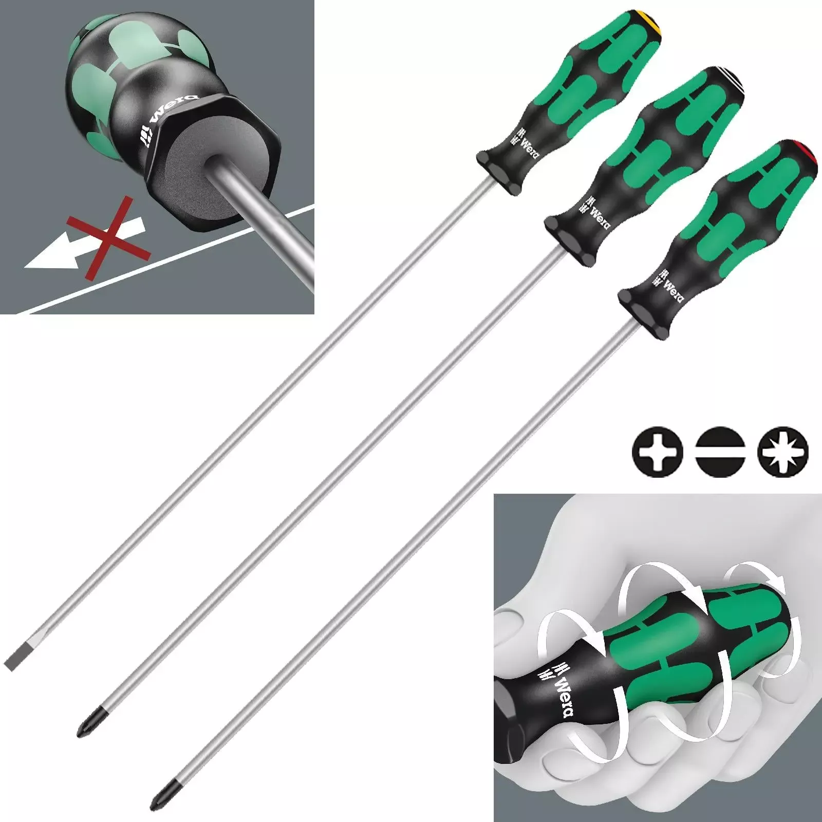Wera Long Screwdriver Set Kraftform Plus Series 3 Piece 300mm Phillips Slotted Pozi
