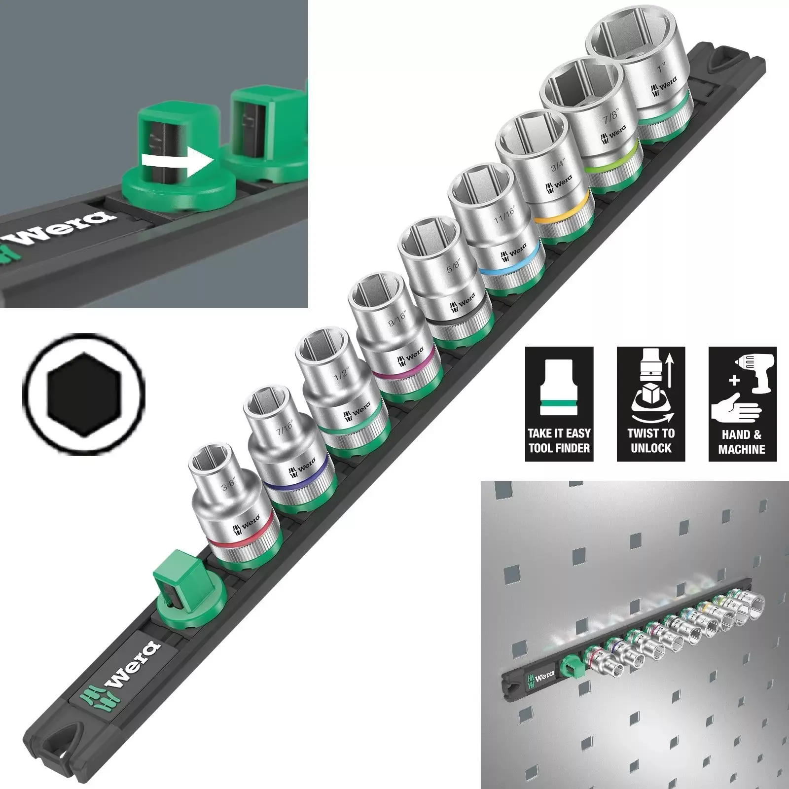 Wera Socket Set 1/2" Drive on Magnetic Socket Rail C Imperial 1 Zyklop 9 Pieces 3/8" to 1
