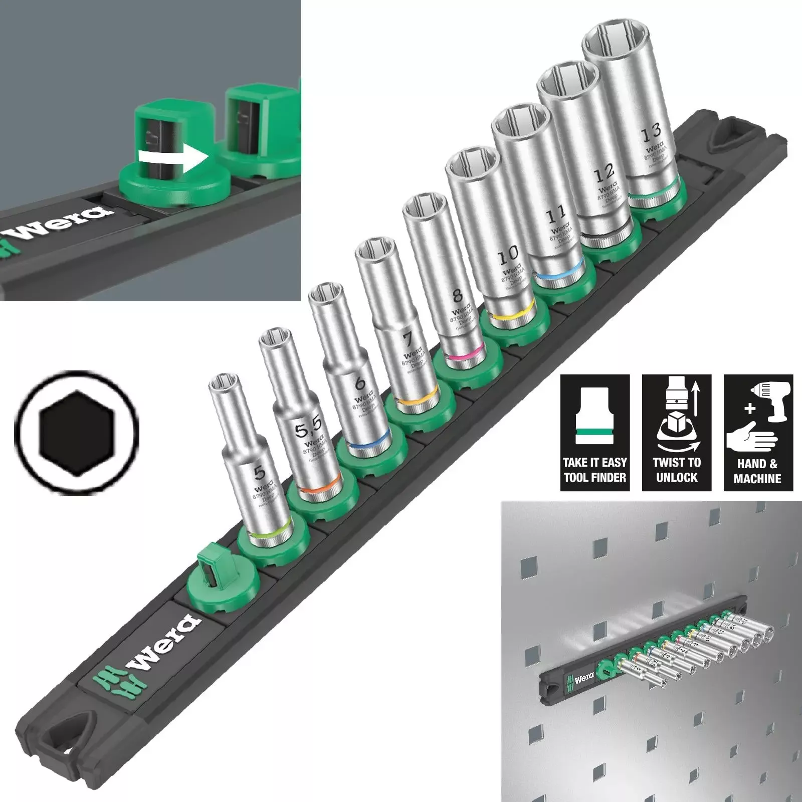 Wera Socket Set 1/4" Drive on Magnetic Socket Rail A Deep 1 Zyklop 9 Pieces Metric 5-13mm