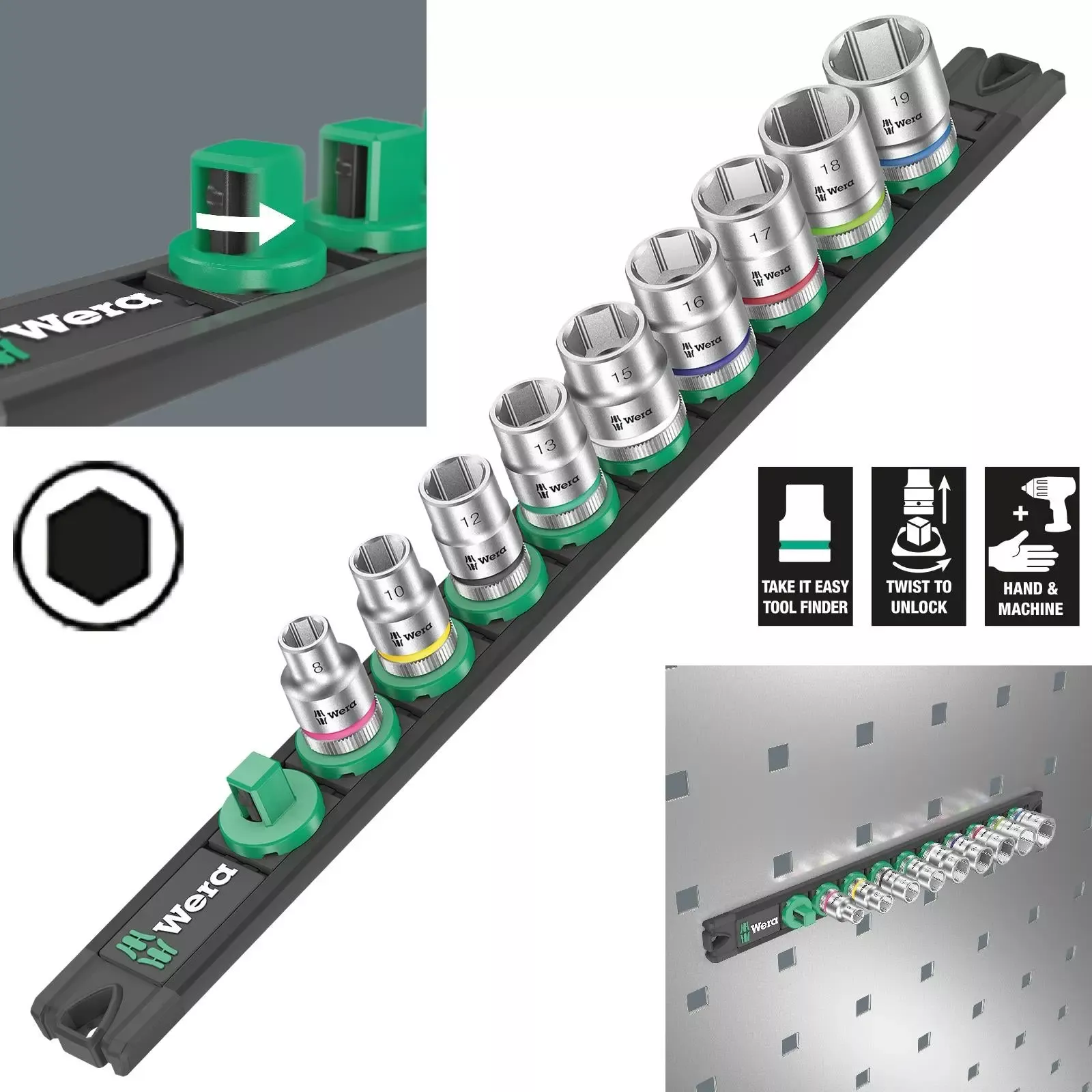Wera Socket Set 3/8" Drive on Magnetic Socket Rail B 4 Zyklop 9 Pieces Metric 8-19mm