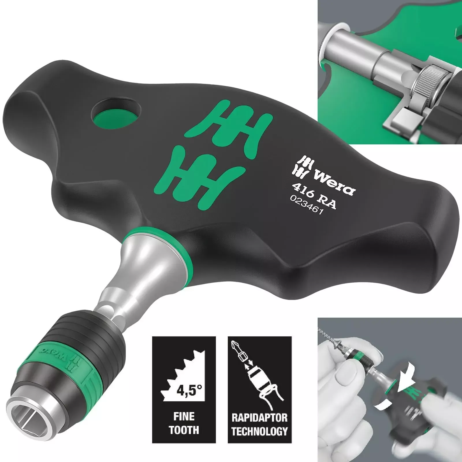 Wera T-Handle Screwdriver 1/4" Hex with Ratchet Function 416 RA Rapidaptor Quick Release Chuck
