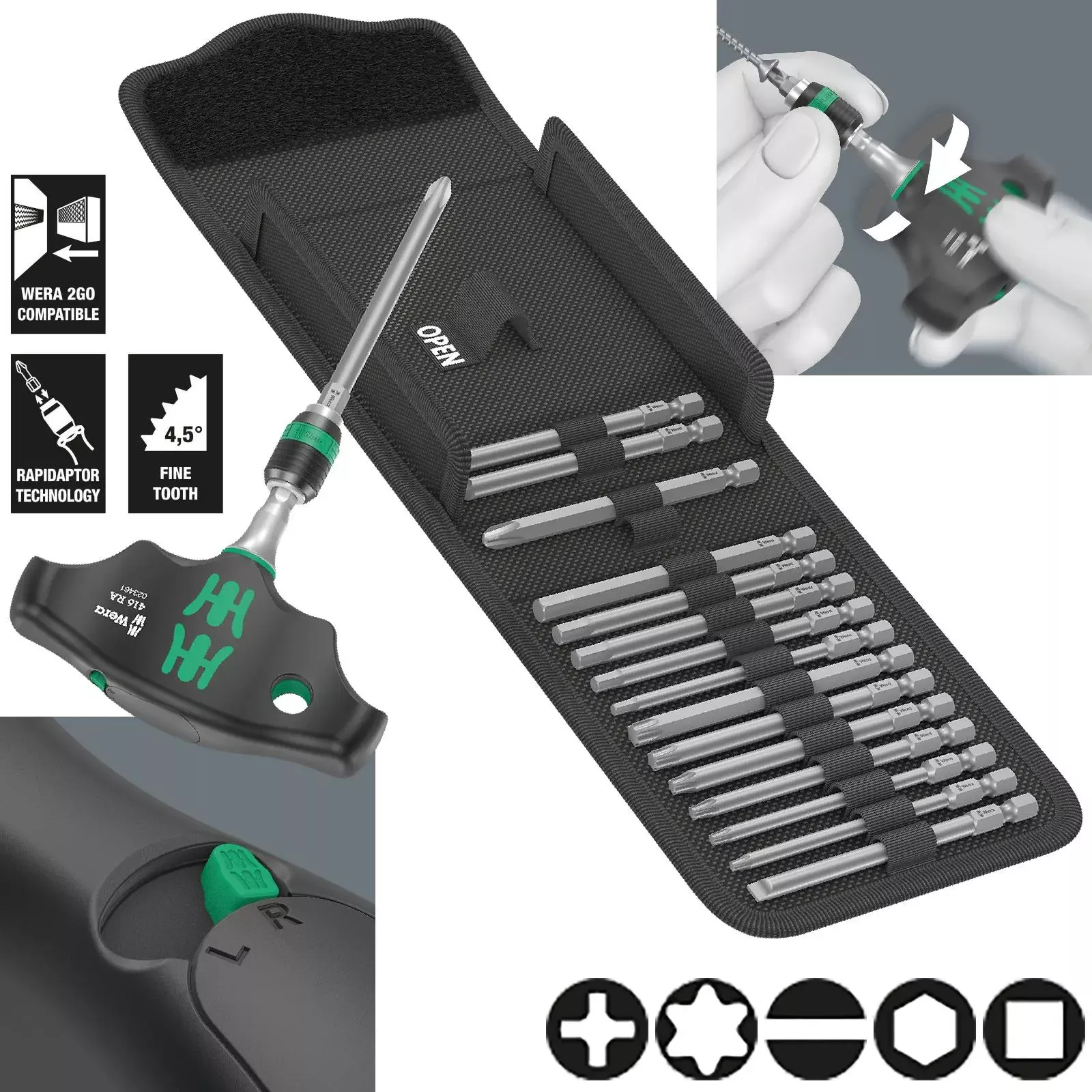 Wera T-Handle Screwdriver 1/4" Hex with Ratchet Function Rapidaptor Chuck 400 RA Set 1 17 Pieces