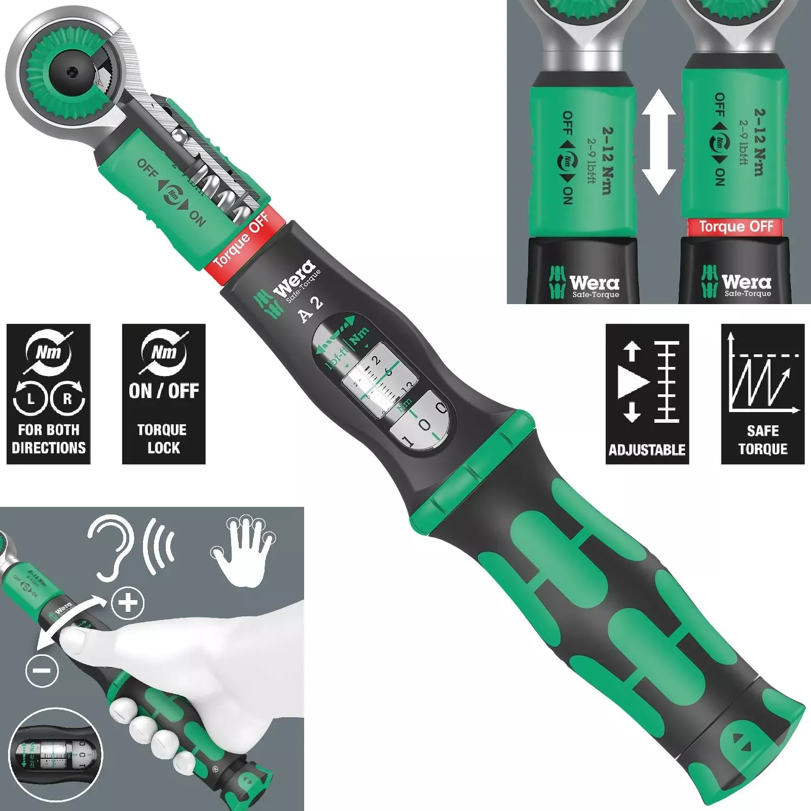 Wera Torque Wrench Safe-Torque A 2 1/4" Hex Drive 2-12 Nm Reversible
