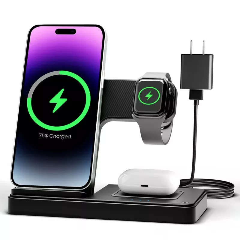 Wireless Charger iPhone Charging Station: 3 in 1 Charger Stand Multiple Devices for Apple – iPhone 16e 16 15 14 Pro Max 13 12 11 – Watch 10 9 8 7 6 5 4 3 2 SE and Ultra Series – Airpods 4 3 2 Pro