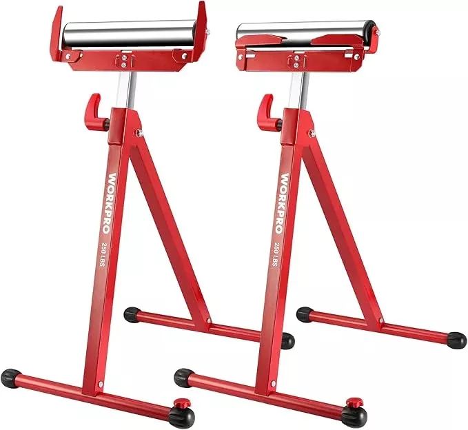 WORKPRO Folding Roller Stand Height Adjustable, Heavy Duty 250 LB Load Capacity, Outfeed Woodworking