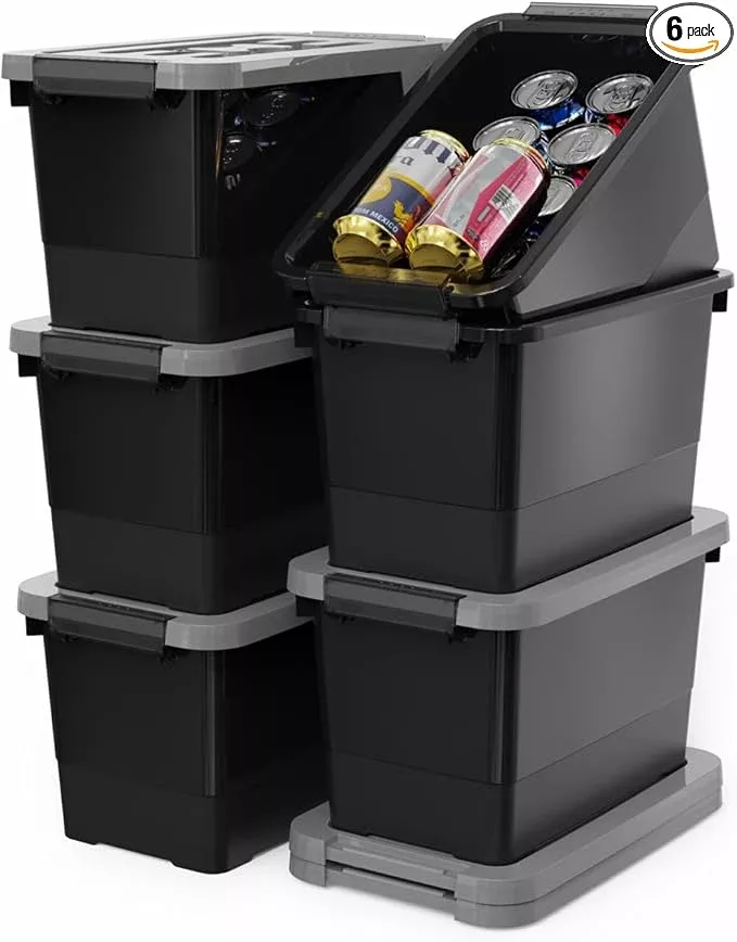 WYT 7 Quart Storage Bins with Lids and Latch, 6-Pack Stackable Plastic Organizing Box with Buckle and Handle, Durable Nestable Totes Containers (Black/Grey)