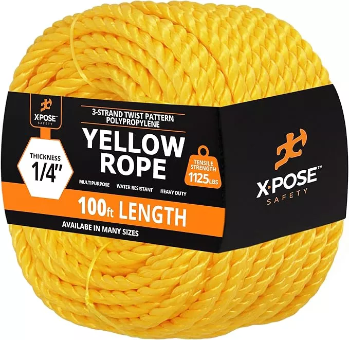Yellow Twisted Polypropylene Rope, 1/4" Thickness x 100' Length Heavy Duty Poly Ropes for Outdoor and Marine Use, Yellow Rope for Visibility & Safety
