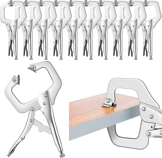 Yexiya 10 Pcs Locking C Clamp, Locking Pliers Adjustable Welding Clamp with Regular Tip and Swivel Pad for Shop Home Farm and Auto Workshop Woodworking, Cabinetry, Repair (11 Inch)